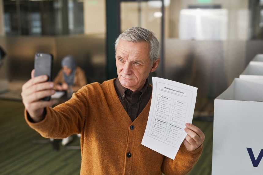 Eleitor idoso segura uma cédula e usa o smartphone dentro de uma cabine de votação.